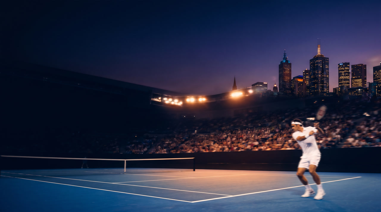 Rod Laver Arena at night session, blue Plexicushion hard court warm under stadium lights, distant Melbourne skyline glowing on the horizon under a deep navy sky