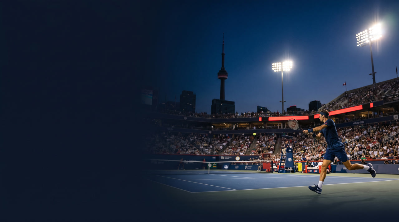 Sobeys Stadium Center Court at the National Bank Open Toronto during an evening session, blue hard court vivid under stadium floodlights, the distant Toronto skyline with CN Tower silhouetted on the horizon under a deep navy summer sky