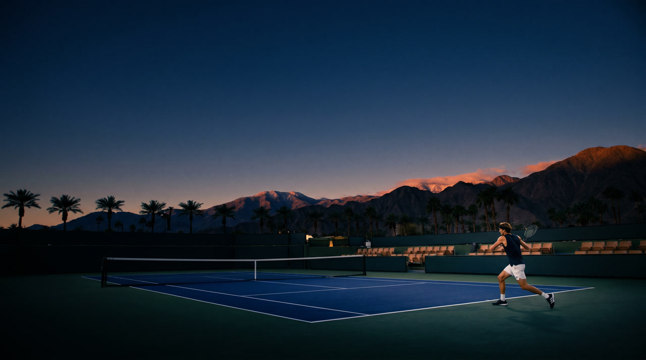 Indian Wells Tennis Garden at evening, deep blue Plexipave hard court of Stadium 1, Santa Rosa and San Jacinto mountains rising in silhouette with last-light alpenglow under a deep navy desert sky