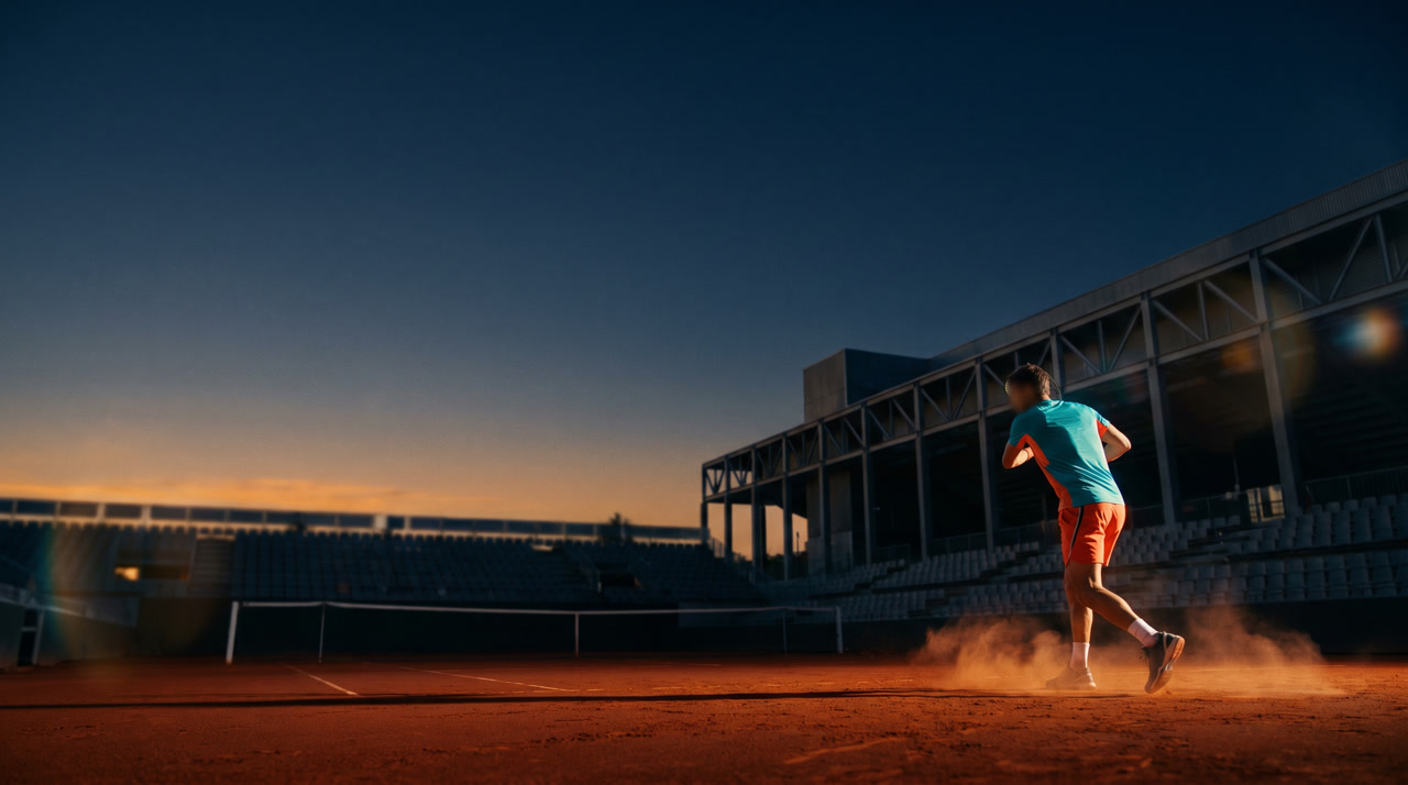 Manolo Santana Stadium at the Caja Magica in Madrid at golden hour, rust-red high-altitude clay court glowing under western light, geometric retractable steel-and-concrete stadium architecture rising in shadow under a deep navy Castilian sky
