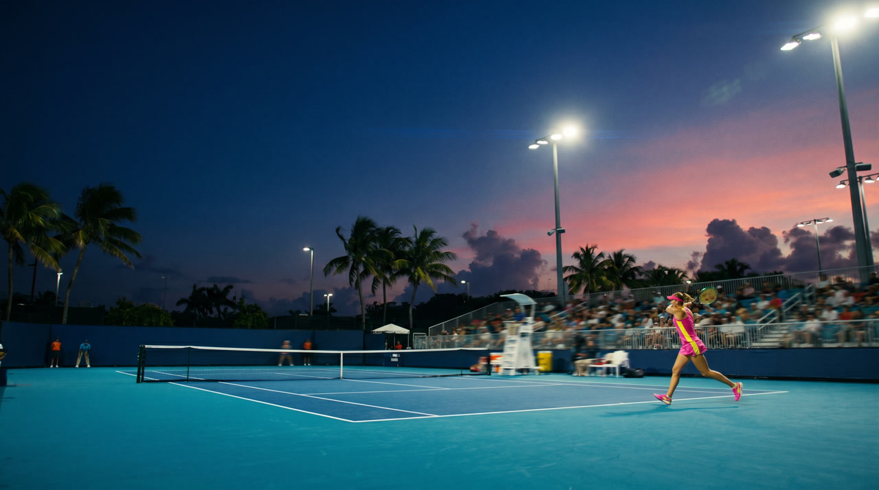 Hard Rock Stadium tennis court in Miami Gardens at twilight, bright blue Laykold hard court under stadium lights, palm trees on the perimeter, pink-orange sunset bleed fading into a deep navy tropical sky