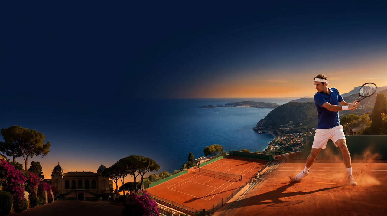 Monte Carlo Country Club centre court at golden hour, terraced clay courts cut into the cliffside above the Mediterranean, Belle Epoque clubhouse architecture and umbrella pines under a deep navy Riviera sky