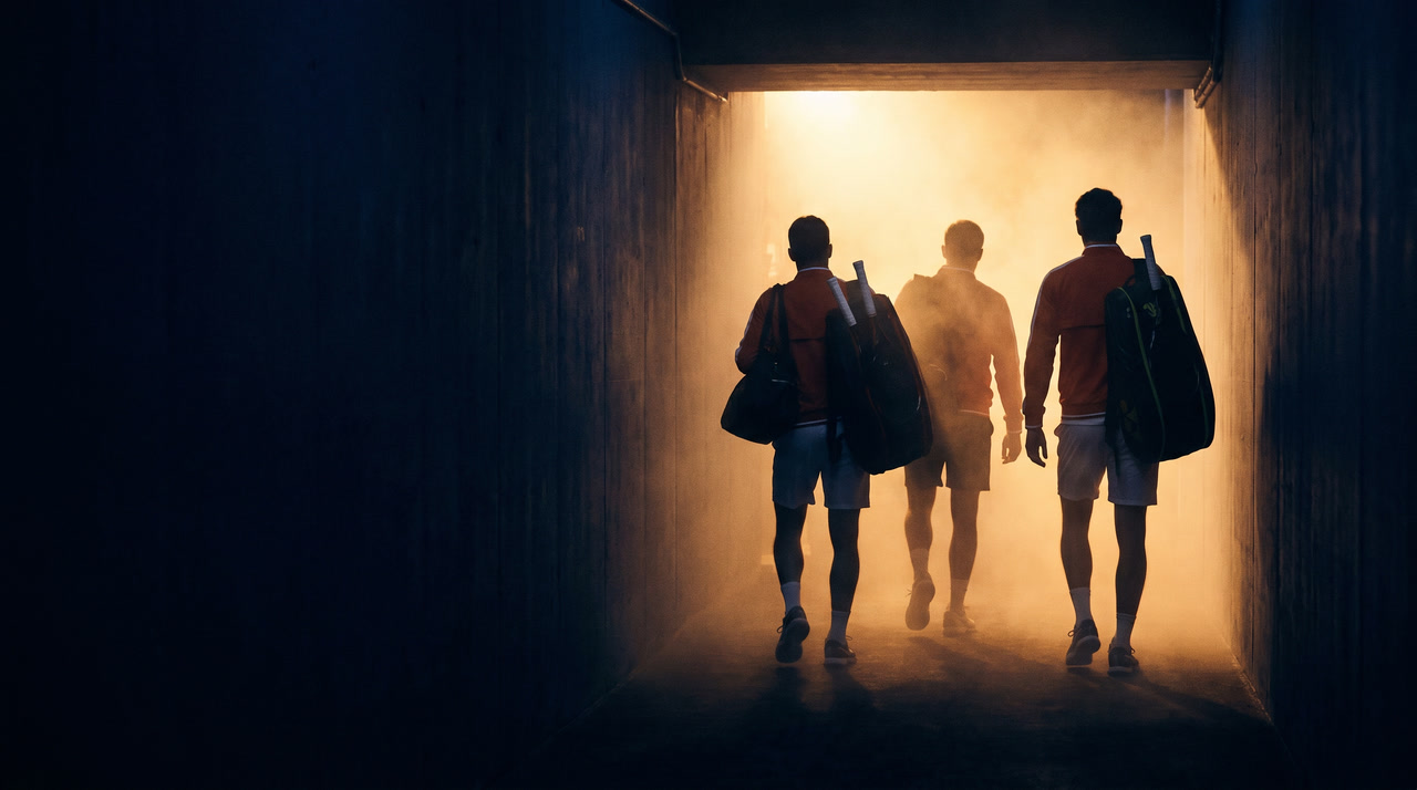 Two tennis player silhouettes walking through a tunnel toward stadium light