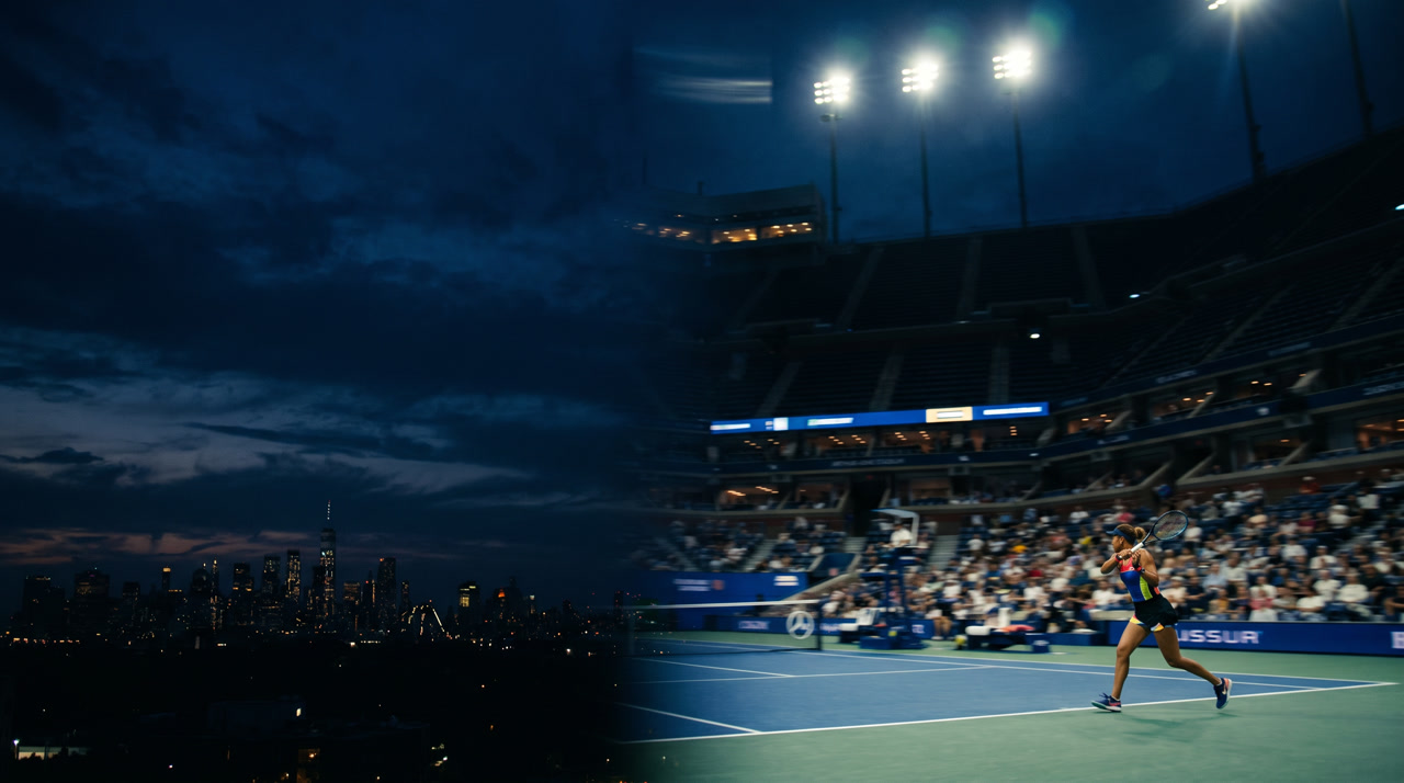 Arthur Ashe Stadium at the US Open during a night session, blue DecoTurf hard court vivid under floodlights, the distant Manhattan skyline twinkling on the horizon under a deep navy sky
