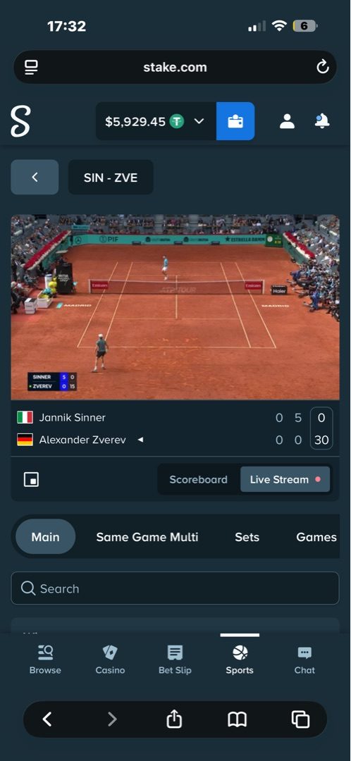 Stake tennis live stream wide court angle, ATP match on red clay