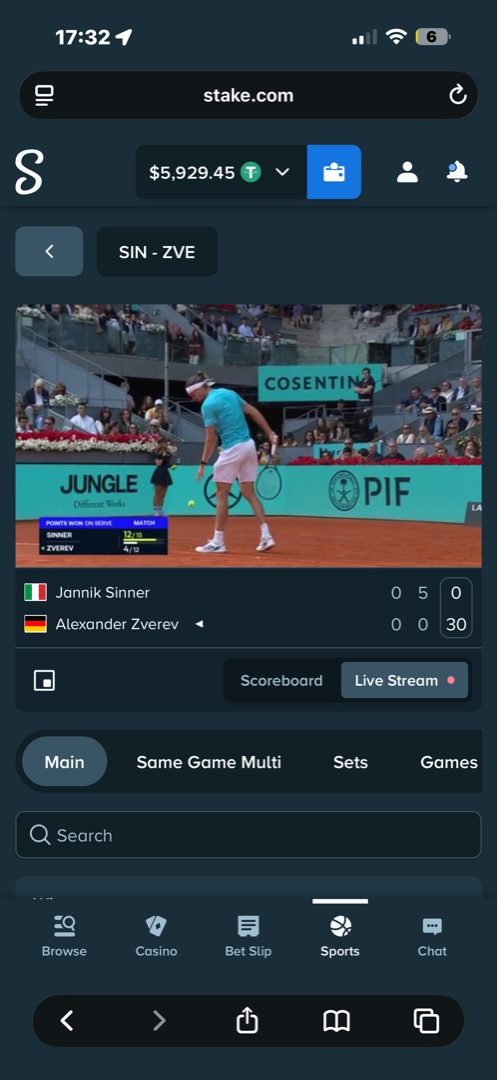 Stake tennis live stream close-up player camera angle